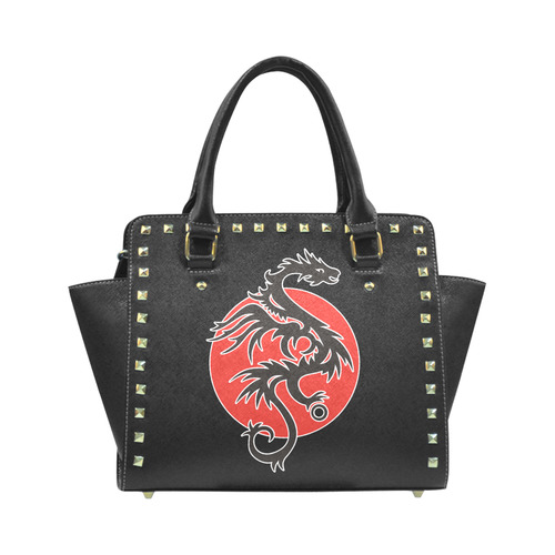 Sun Dragon with Pearl - black Red White Rivet Shoulder Handbag (Model 1645)