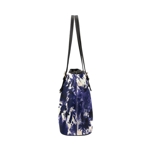 abstract floral in deep blue Leather Tote Bag/Small (Model 1651)