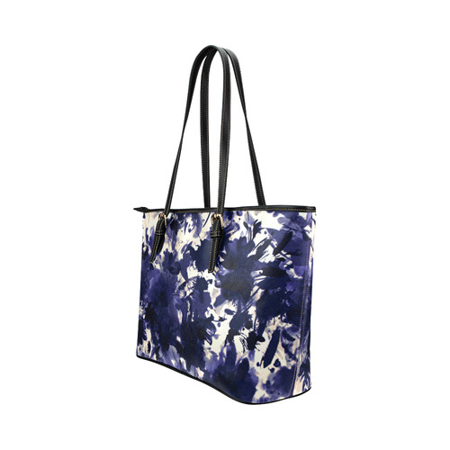 abstract floral in deep blue Leather Tote Bag/Small (Model 1651)