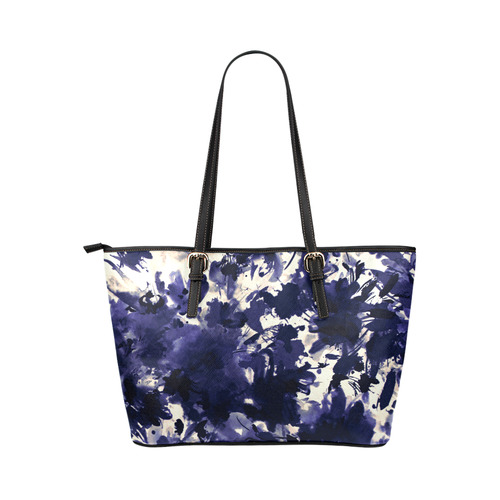 abstract floral in deep blue Leather Tote Bag/Small (Model 1651)