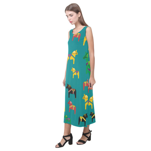 Dala Horse Cute Swedish Folk Art Style Phaedra Sleeveless Open Fork Long Dress (Model D08)