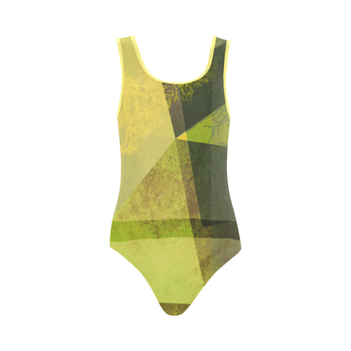 Green Yellow Trees and Geometric Design P24-G_SW10 Vest One Piece Swimsuit (Model S04)
