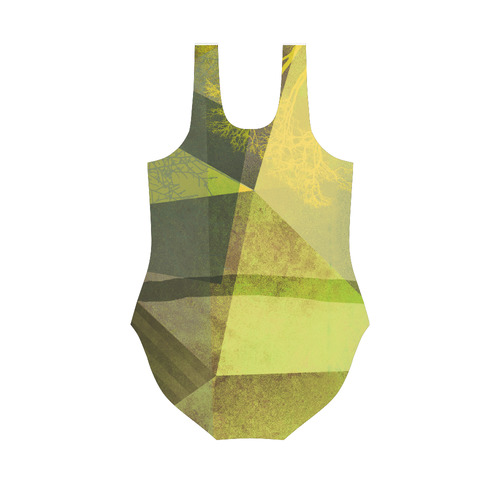 Green Yellow Trees and Geometric Design P24-G_SW10 Vest One Piece Swimsuit (Model S04)