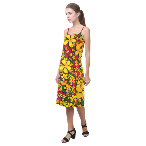Pretty Orange & Yellow Flowers on Red Alcestis Slip Dress (Model D05)