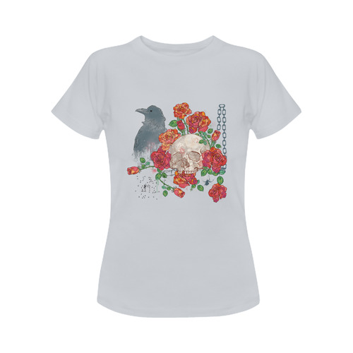 watercolor skull and roses Women's Classic T-Shirt (Model T17）