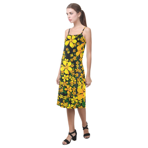 Pretty Orange & Yellow Flowers on Black Alcestis Slip Dress (Model D05)