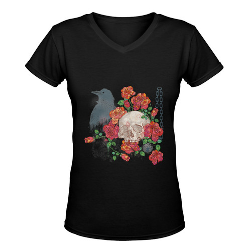 watercolor skull and roses Women's Deep V-neck T-shirt (Model T19)