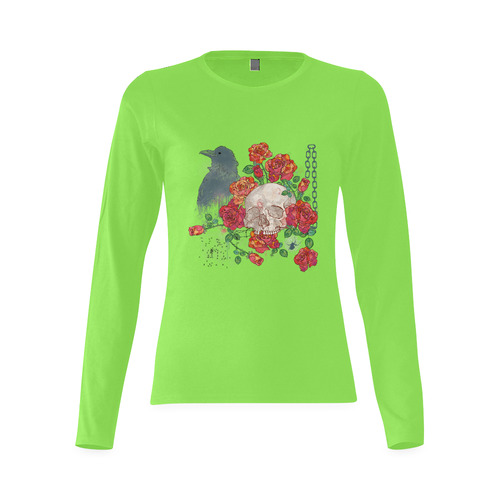 watercolor skull and roses Sunny Women's T-shirt (long-sleeve) (Model T07)