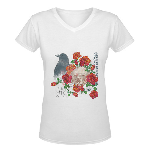watercolor skull and roses Women's Deep V-neck T-shirt (Model T19)