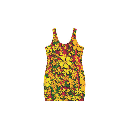 Pretty Orange & Yellow Flowers on Red Medea Vest Dress (Model D06)