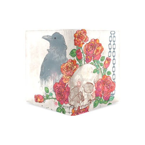 watercolor skull and roses Men's Leather Wallet (Model 1612)