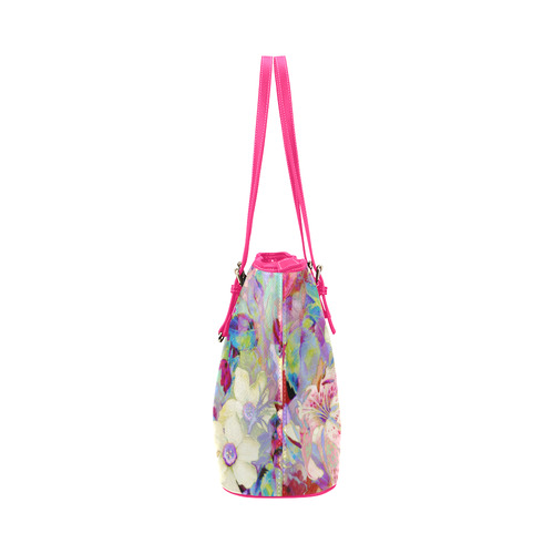 summery floral Leather Tote Bag/Small (Model 1651)