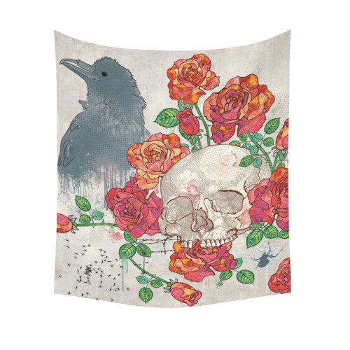 watercolor skull and roses Cotton Linen Wall Tapestry 51"x 60"