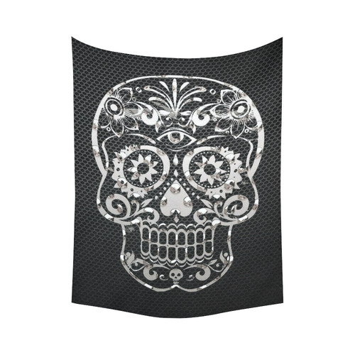 Skull, black silver metal Cotton Linen Wall Tapestry 60"x 80"