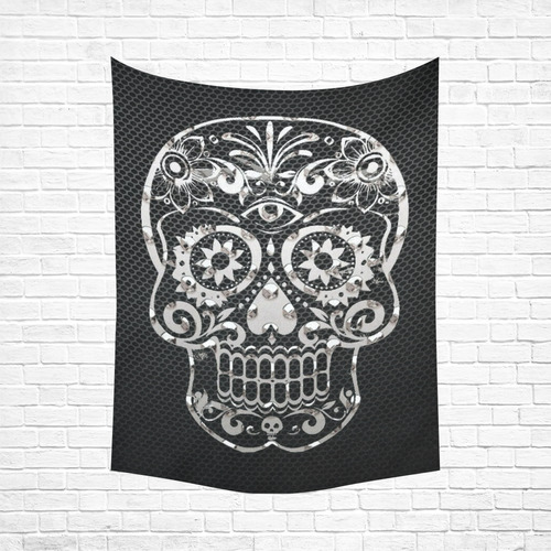 Skull, black silver metal Cotton Linen Wall Tapestry 60"x 80"