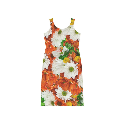 Green Orange White Daisies Phaedra Sleeveless Open Fork Long Dress (Model D08)