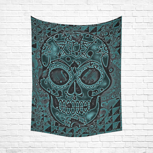 skull aqua Cotton Linen Wall Tapestry 60"x 80"