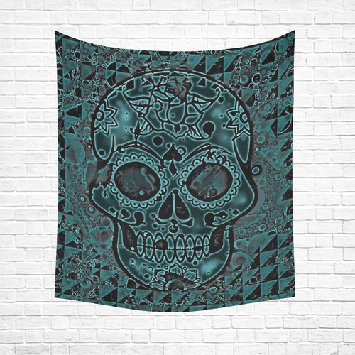 skull aqua Cotton Linen Wall Tapestry 51"x 60"