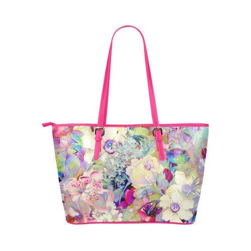 summery floral Leather Tote Bag/Small (Model 1651)