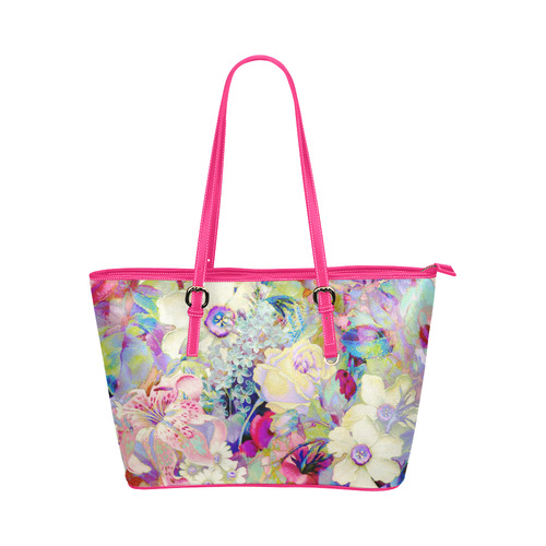 summery floral Leather Tote Bag/Small (Model 1651)
