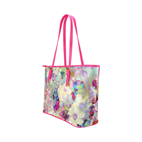 summery floral Leather Tote Bag/Small (Model 1651)