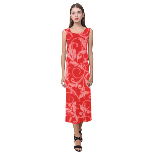 Vintage Swirls Coral Red Phaedra Sleeveless Open Fork Long Dress (Model D08)