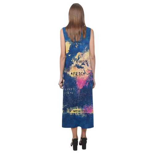 world map oceans and continents Phaedra Sleeveless Open Fork Long Dress (Model D08)