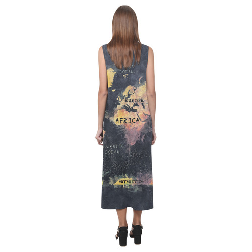 world map OCEANS and continents Phaedra Sleeveless Open Fork Long Dress (Model D08)