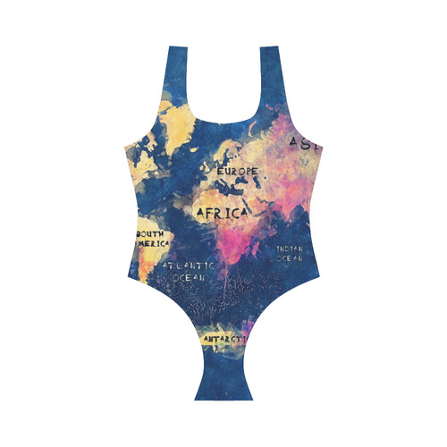 world map oceans and continents Vest One Piece Swimsuit (Model S04)