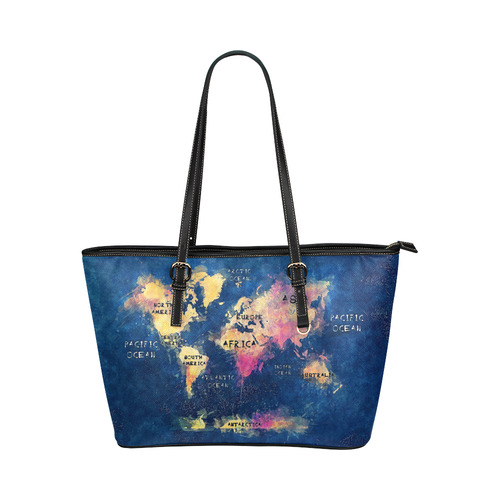 world map oceans and continents Leather Tote Bag/Large (Model 1651)