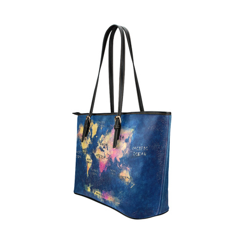 world map oceans and continents Leather Tote Bag/Large (Model 1651)