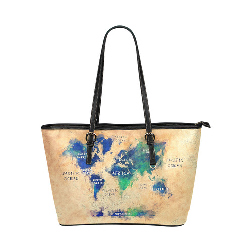 world map OCEANS and continents Leather Tote Bag/Large (Model 1651)