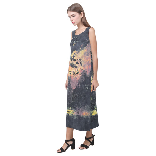 world map OCEANS and continents Phaedra Sleeveless Open Fork Long Dress (Model D08)