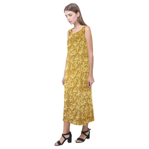 Vintage Floral Lace Leaf Yellow Phaedra Sleeveless Open Fork Long Dress (Model D08)
