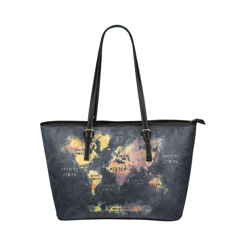 world map OCEANS and continents Leather Tote Bag/Large (Model 1651)