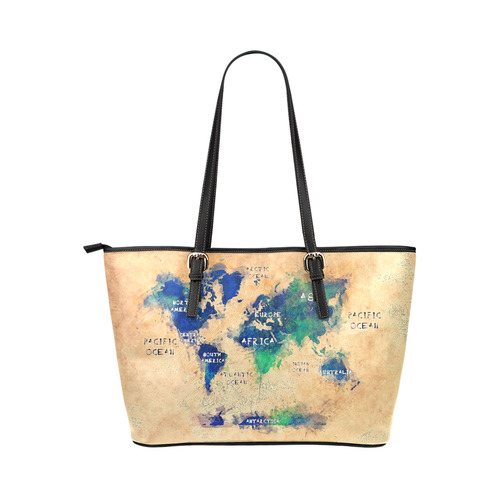 world map OCEANS and continents Leather Tote Bag/Large (Model 1651)