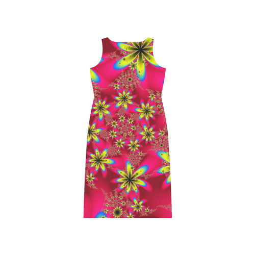 Red and Yellow Fractal Flowers Pattern Phaedra Sleeveless Open Fork Long Dress (Model D08)