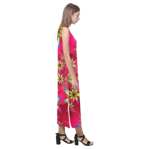 Red and Yellow Fractal Flowers Pattern Phaedra Sleeveless Open Fork Long Dress (Model D08)