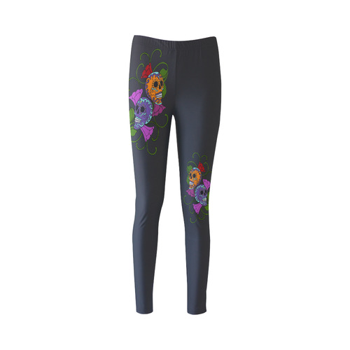 Día De Los Muertos Two Skulls Flowers Cassandra Women's Leggings (Model L01)