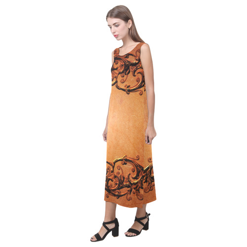 Decorative vintage design and floral elements Phaedra Sleeveless Open Fork Long Dress (Model D08)