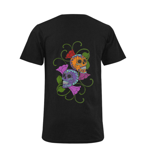 Día De Los Muertos Two Skulls Flowers Men's V-Neck T-shirt (USA Size) (Model T10)