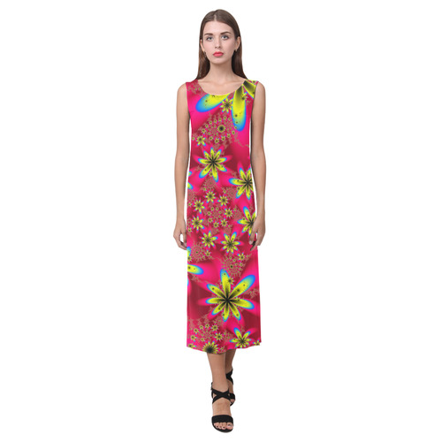 Red and Yellow Fractal Flowers Pattern Phaedra Sleeveless Open Fork Long Dress (Model D08)