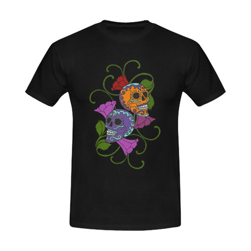 Día De Los Muertos Two Skulls Flowers Men's Slim Fit T-shirt (Model T13)