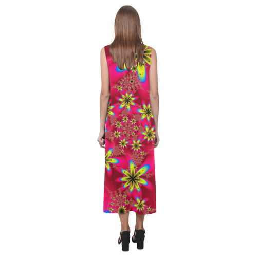 Red and Yellow Fractal Flowers Pattern Phaedra Sleeveless Open Fork Long Dress (Model D08)