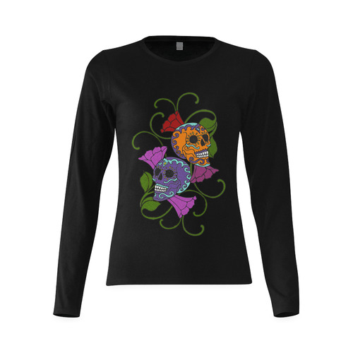 Día De Los Muertos Two Skulls Flowers Sunny Women's T-shirt (long-sleeve) (Model T07)