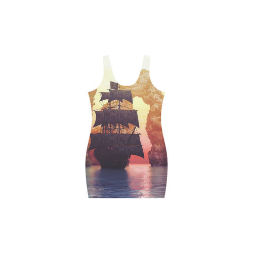 2 A pirate ship off an island at a sunset Medea Vest Dress (Model D06)