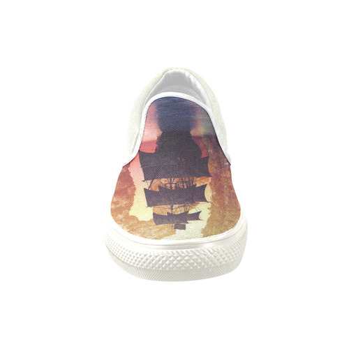 5 A pirate ship off an island at a sunset Men's Unusual Slip-on Canvas Shoes (Model 019)