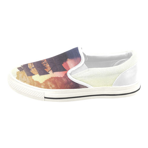 5 A pirate ship off an island at a sunset Men's Unusual Slip-on Canvas Shoes (Model 019)