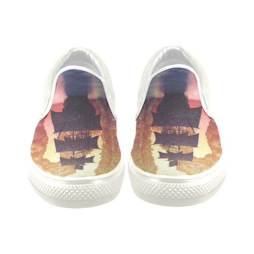 5 A pirate ship off an island at a sunset Men's Unusual Slip-on Canvas Shoes (Model 019)