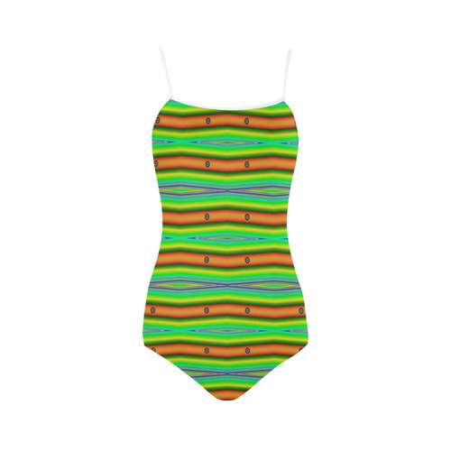 Bright Green Orange Stripes Pattern Abstract Strap Swimsuit ( Model S05)